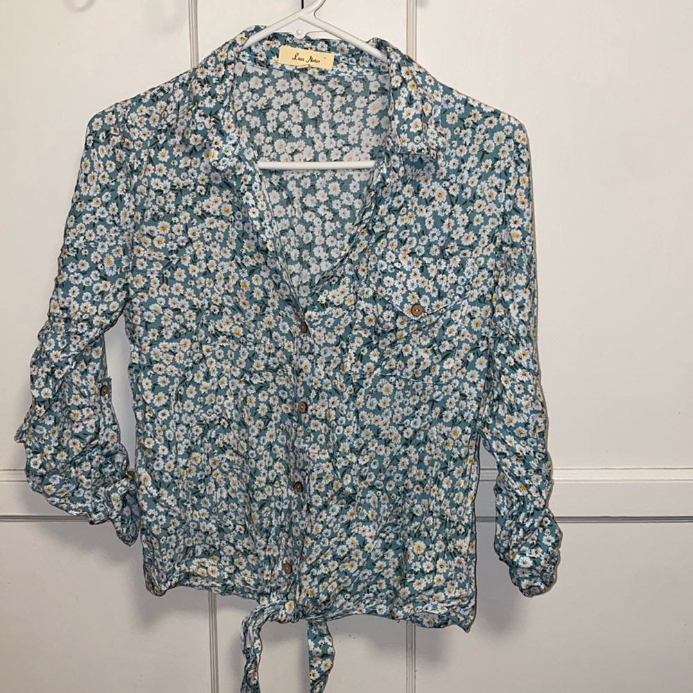 Love Notes Small Floral Print Front Tie Button Down Blouse